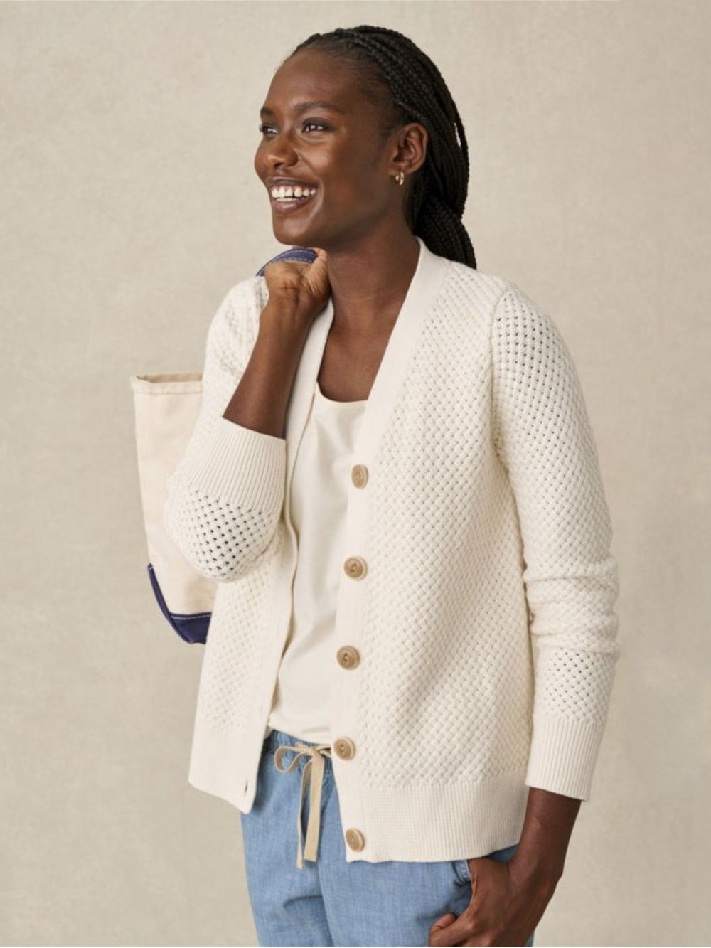 L.L. Bean Women's Basket Weave Open Cardigan Button Front Sweater Cream Small